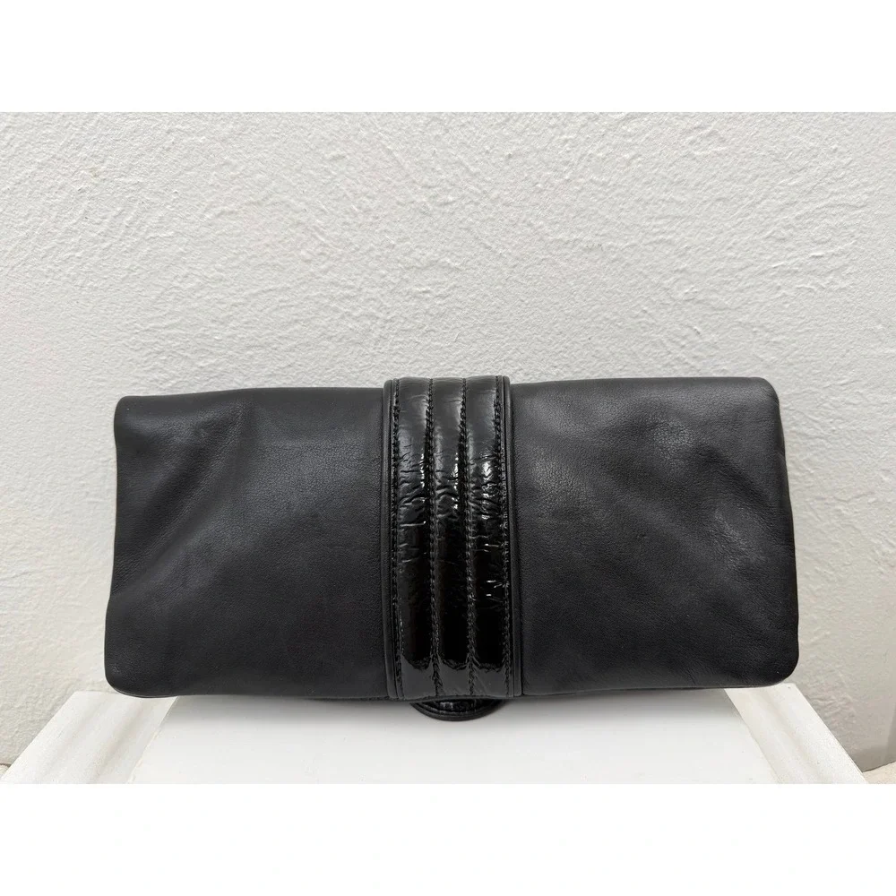 Hobo International Black Leather Foldover Clutch Bag Patent Ring Hardware